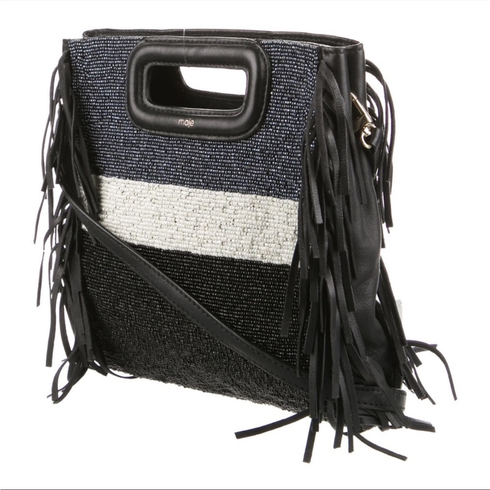 Maje Blue/White/Black Beaded Fringed Purse with Furry Strap and original strap